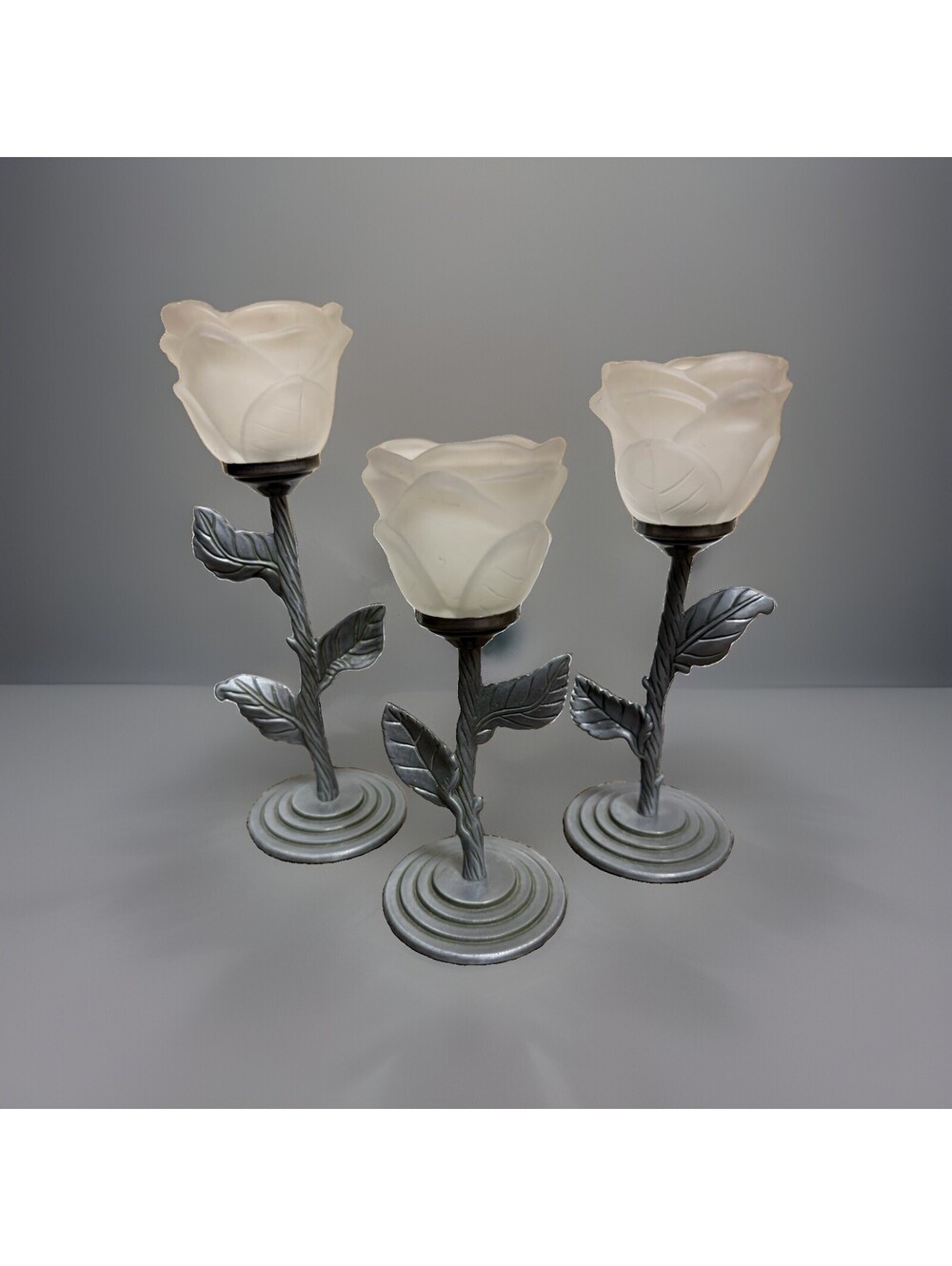 *Set of 3 Vintage Pewter and Frosted Glass Candle Holder